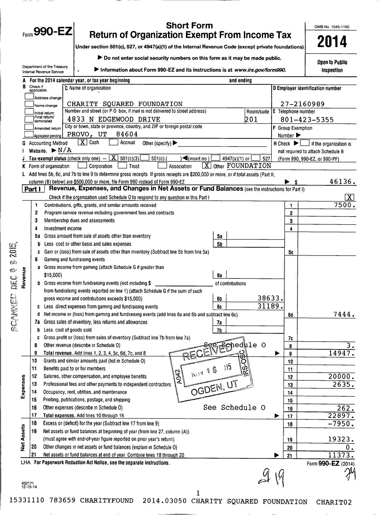 Image of first page of 2014 Form 990EZ for Charity Squared Foundation