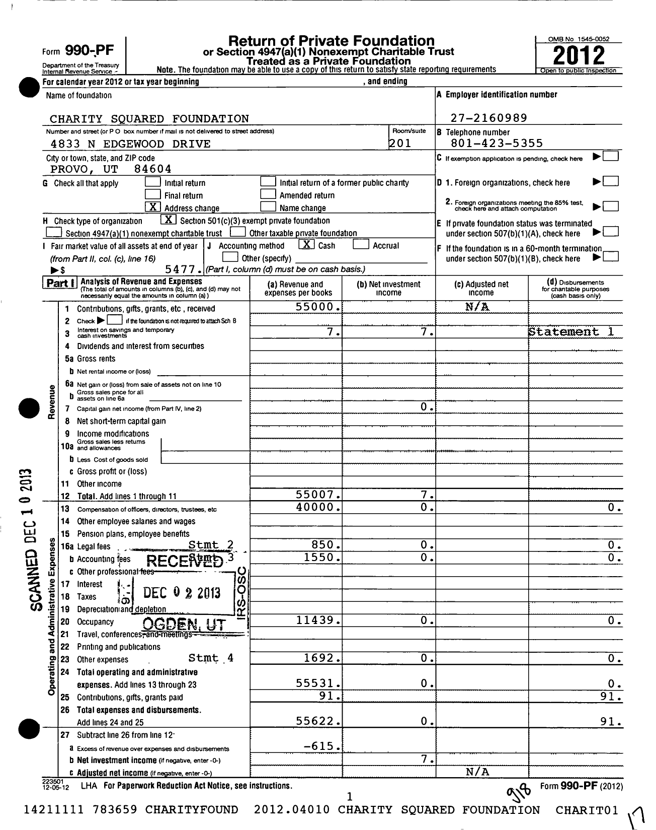 Image of first page of 2012 Form 990PF for Charity Squared Foundation