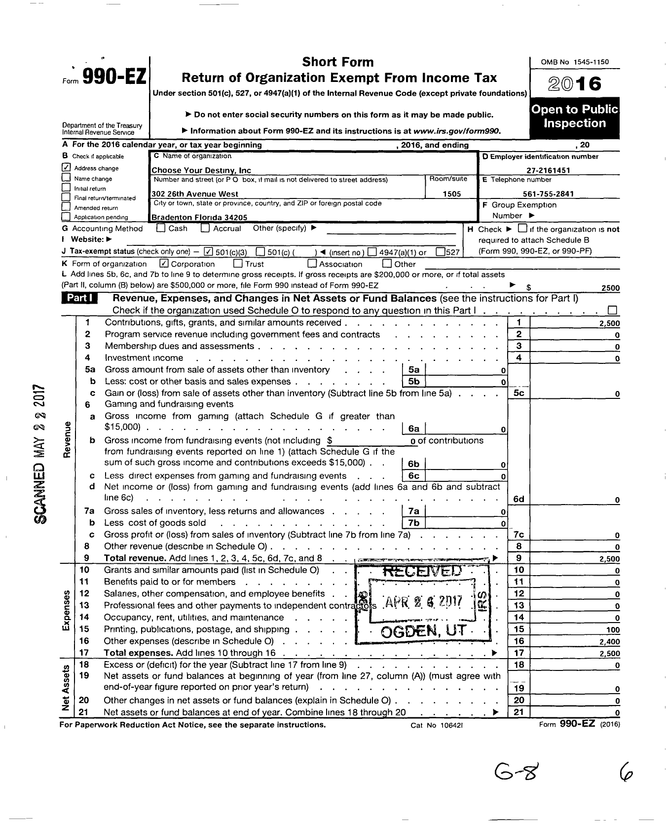 Image of first page of 2016 Form 990EZ for Choose Your Destiny