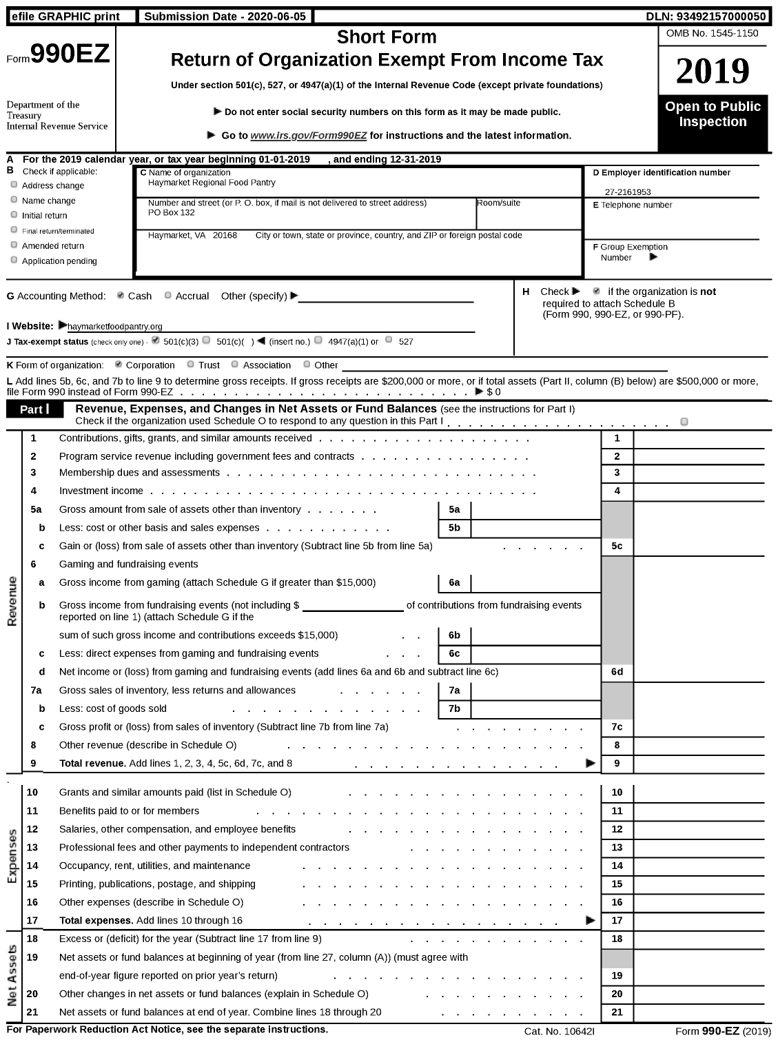 Image of first page of 2019 Form 990EZ for Haymarket Regional Food Pantry