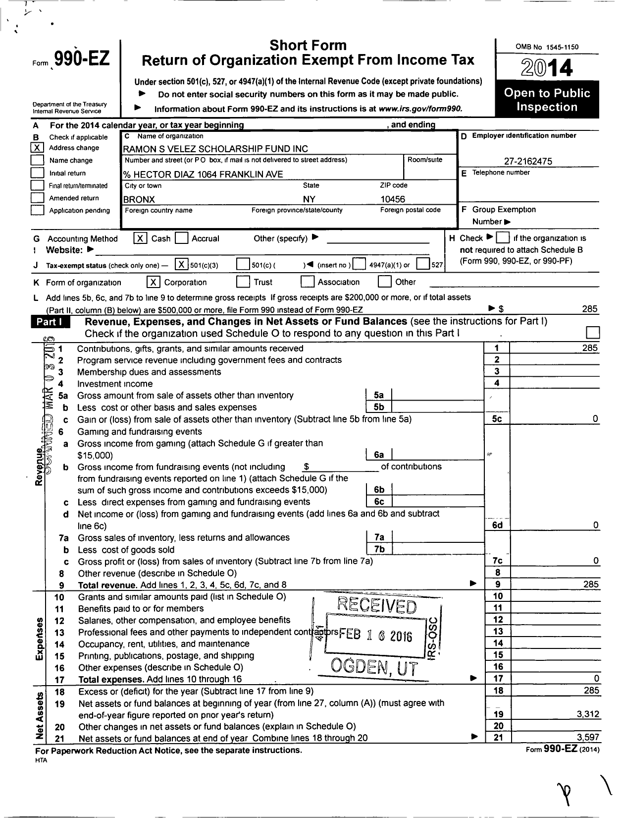 Image of first page of 2014 Form 990EZ for Ramon S Velez Scholarship Fund