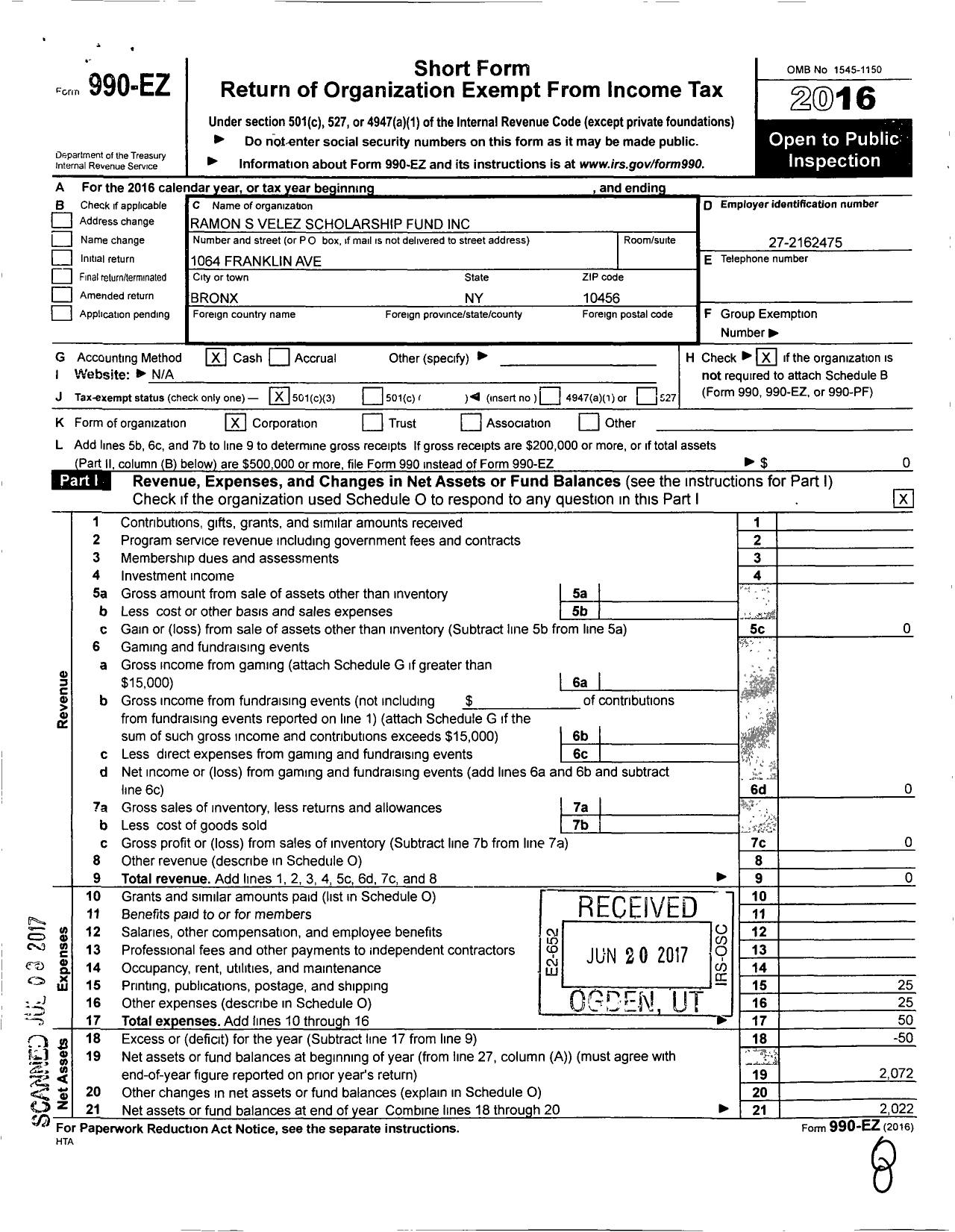 Image of first page of 2016 Form 990EZ for Ramon S Velez Scholarship Fund