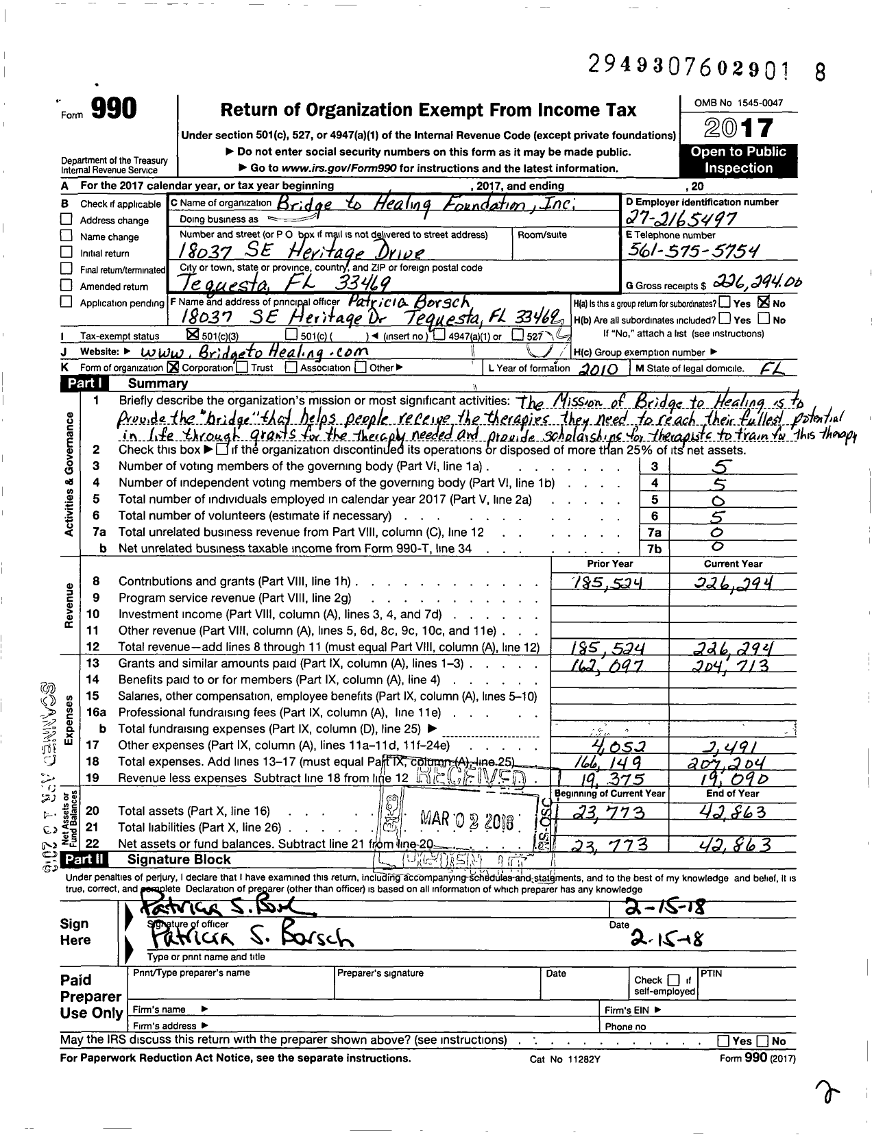 Image of first page of 2017 Form 990 for Bridge To Healing Foundation