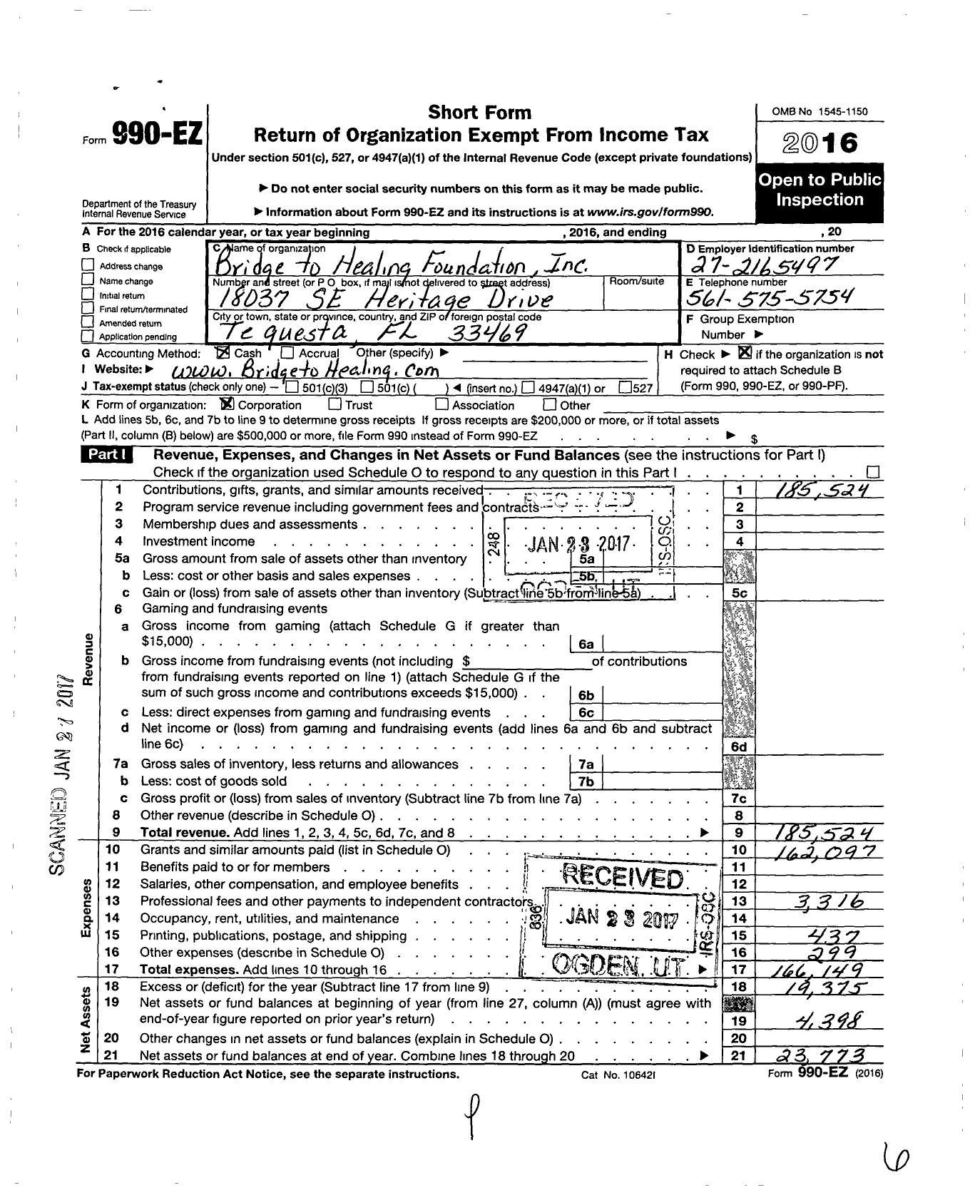 Image of first page of 2016 Form 990EO for Bridge To Healing Foundation