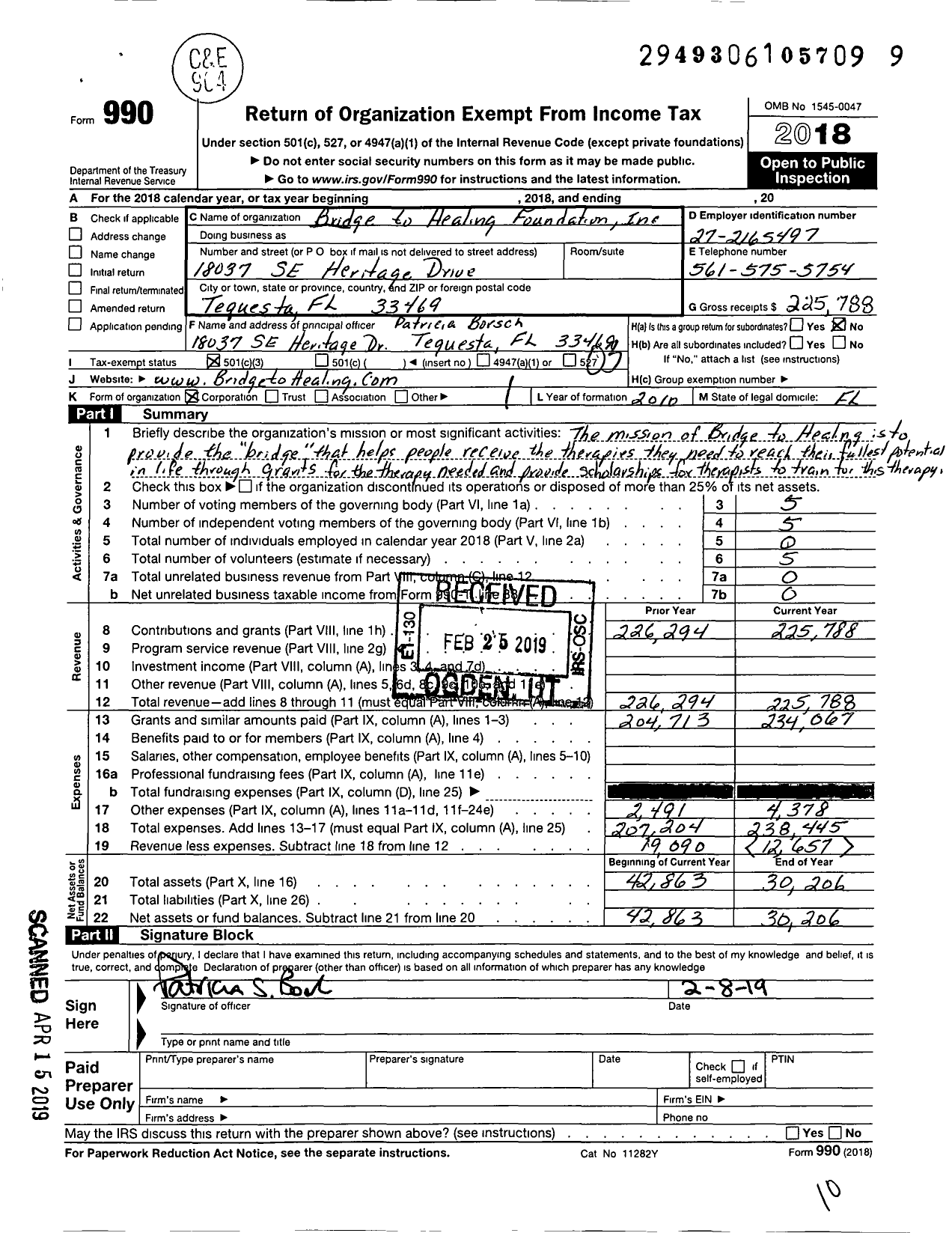 Image of first page of 2018 Form 990 for Bridge To Healing Foundation