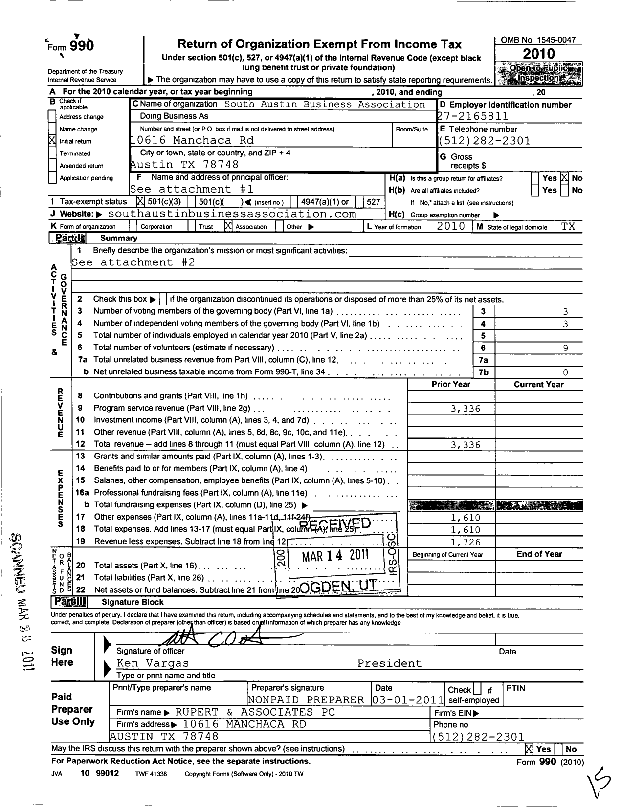 Image of first page of 2010 Form 990 for South Austin Business Association