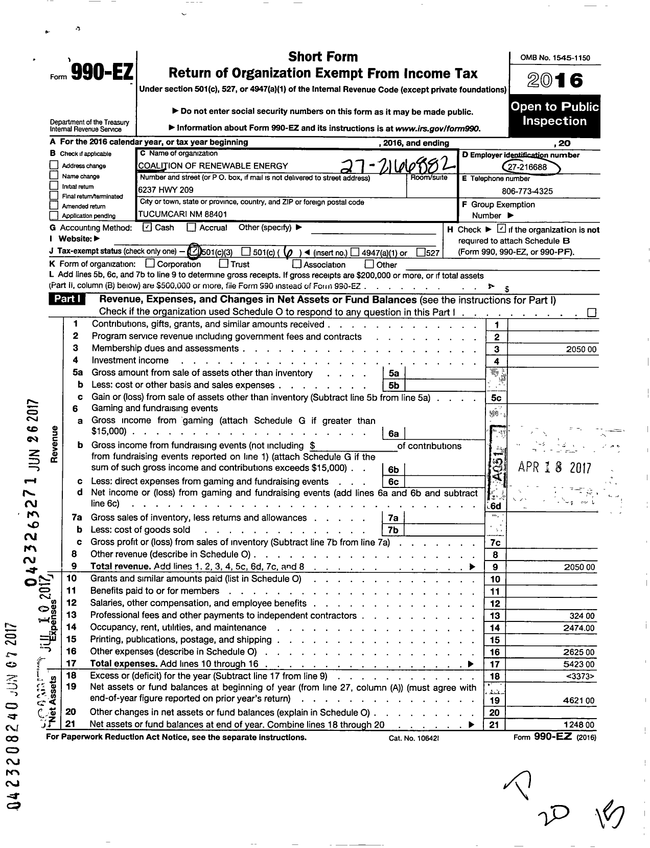 Image of first page of 2016 Form 990EO for Coalition of Renewable Energy Landowners Associations