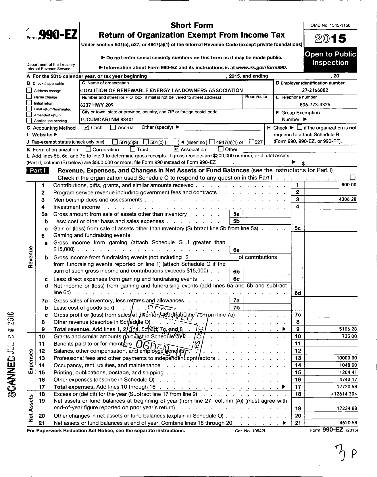 Image of first page of 2015 Form 990EO for Coalition of Renewable Energy Landowners Associations