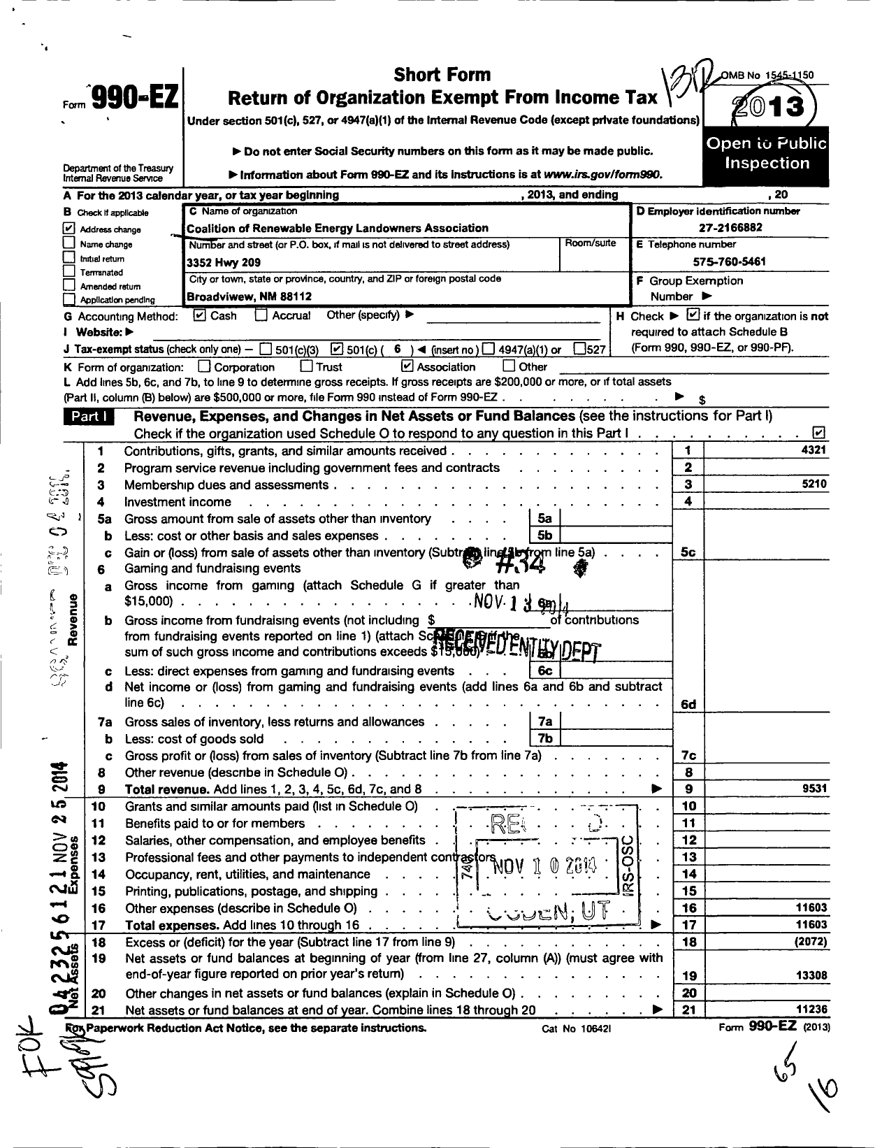 Image of first page of 2013 Form 990EO for Coalition of Renewable Energy Landowners Associations