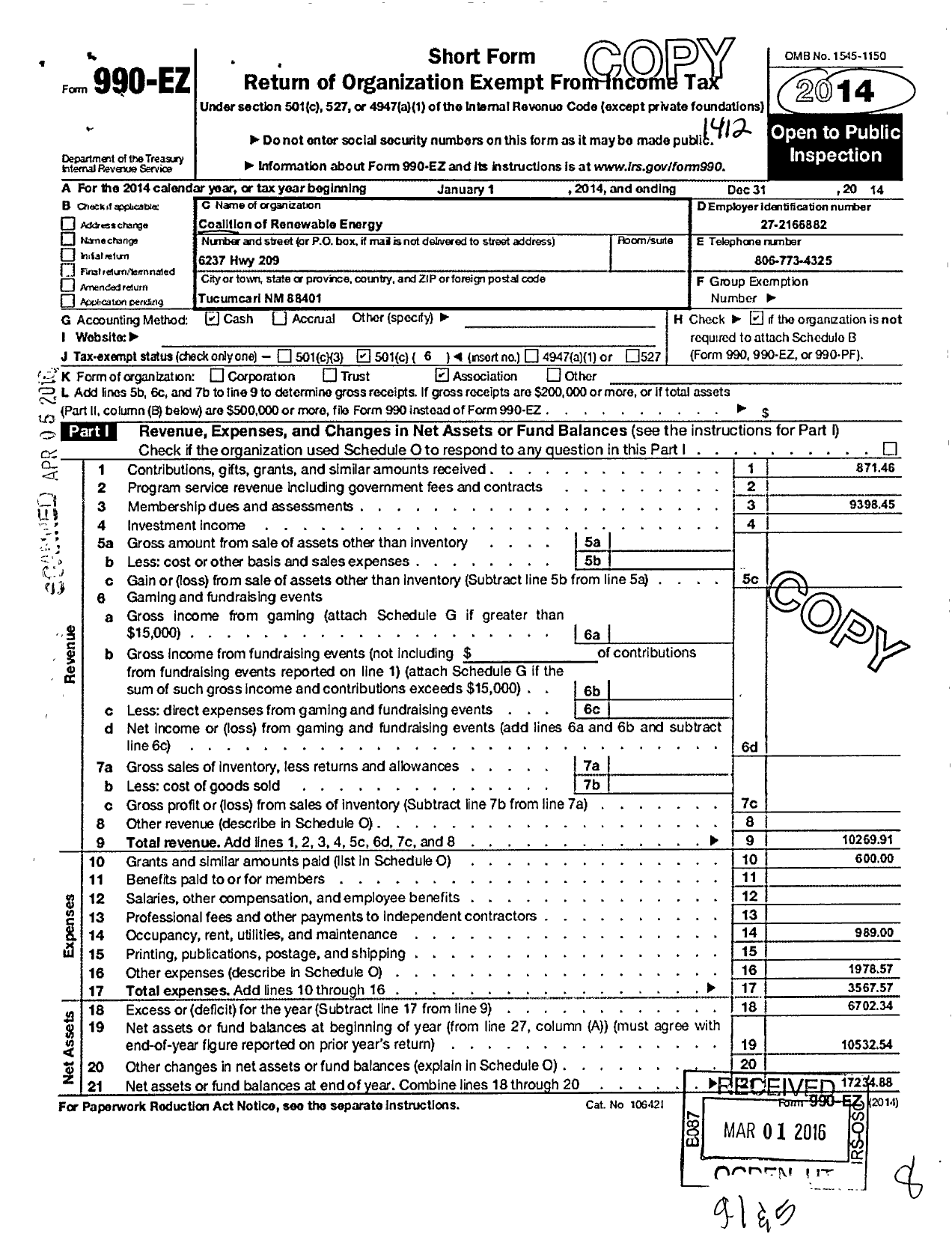 Image of first page of 2014 Form 990EO for Coalition of Renewable Energy Landowners Associations