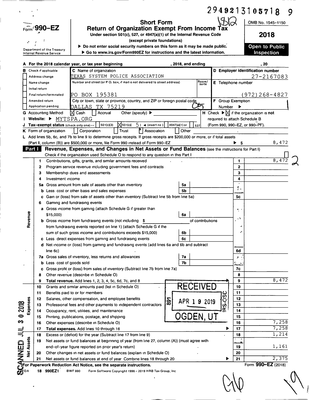 Image of first page of 2018 Form 990EO for Texas System Police Association