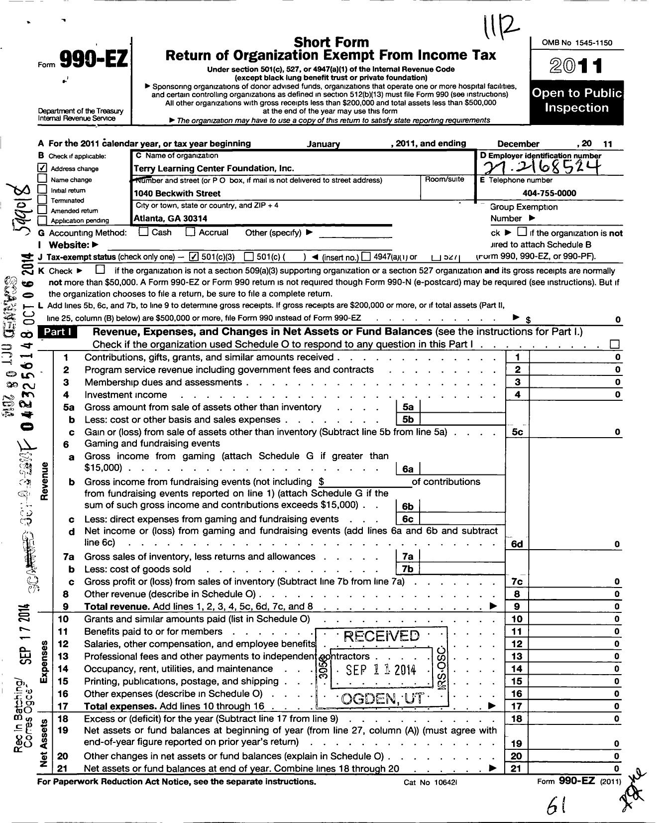 Image of first page of 2011 Form 990EZ for Terry Learning Center Foundation