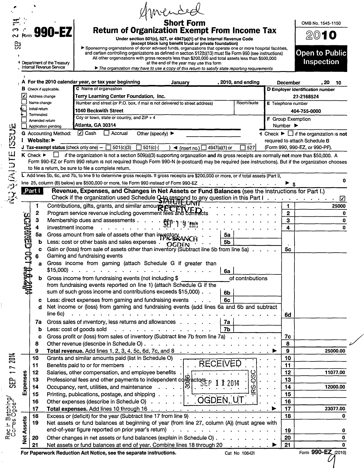 Image of first page of 2010 Form 990EO for Terry Learning Center Foundation