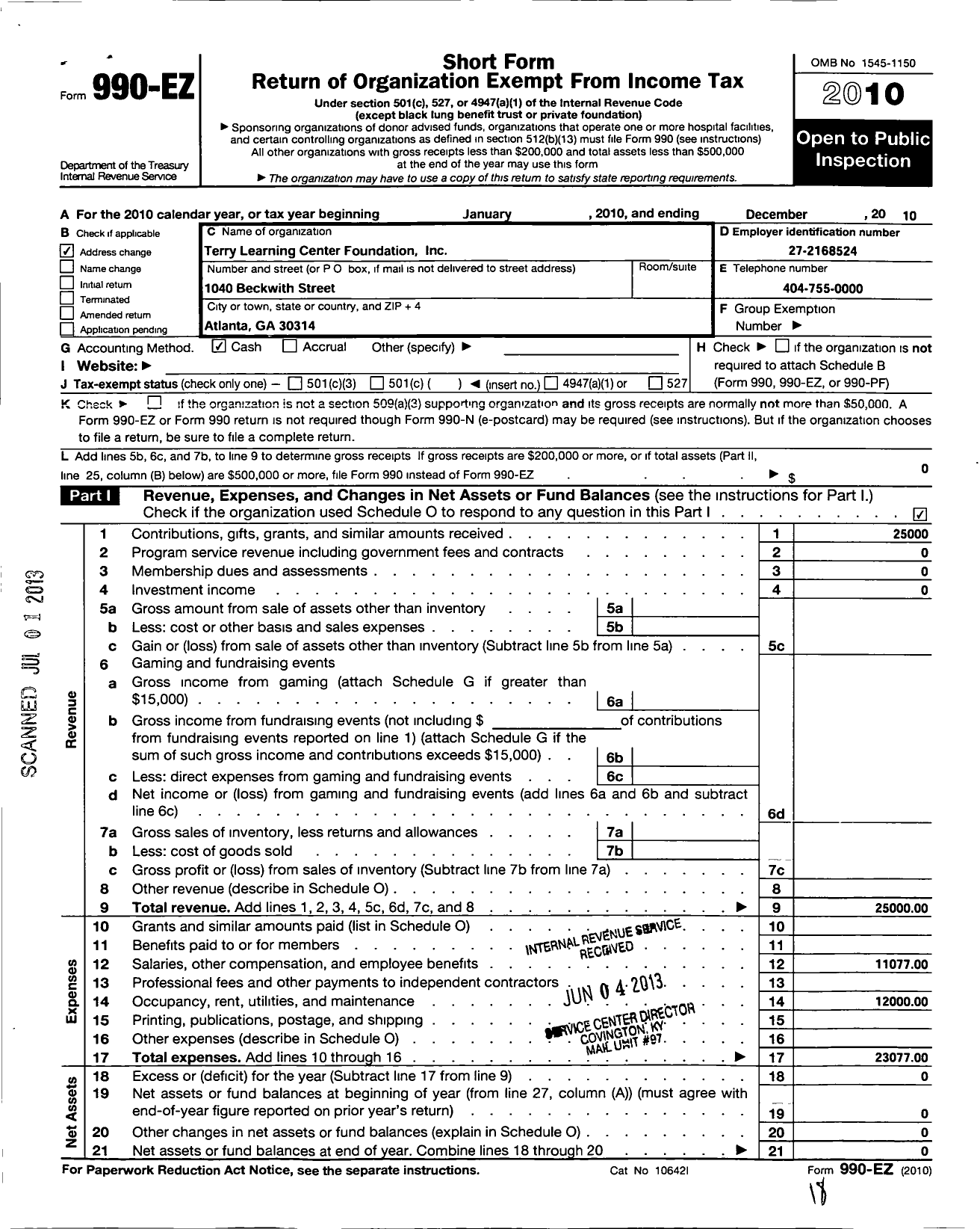 Image of first page of 2010 Form 990EO for Terry Learning Center Foundation