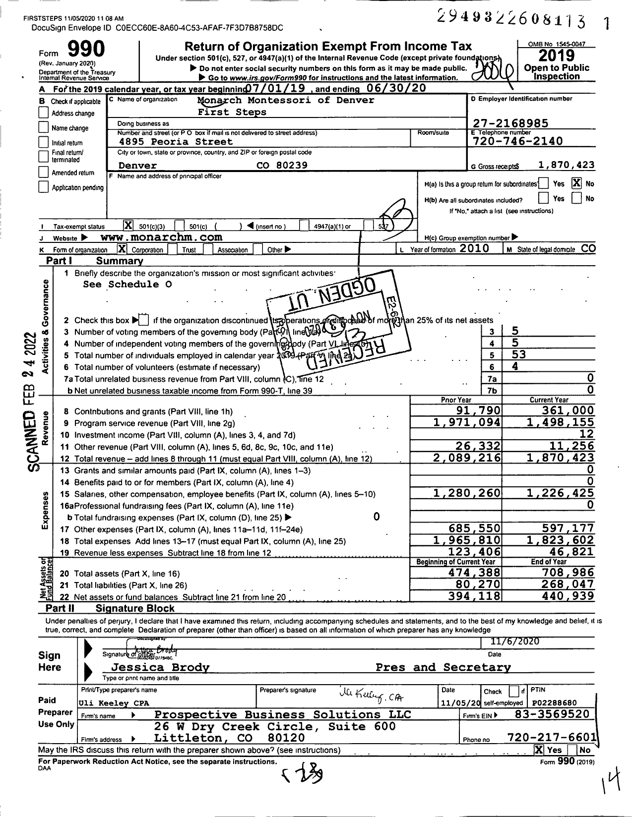 Image of first page of 2019 Form 990 for Monarch Montessori of Denver First Steps