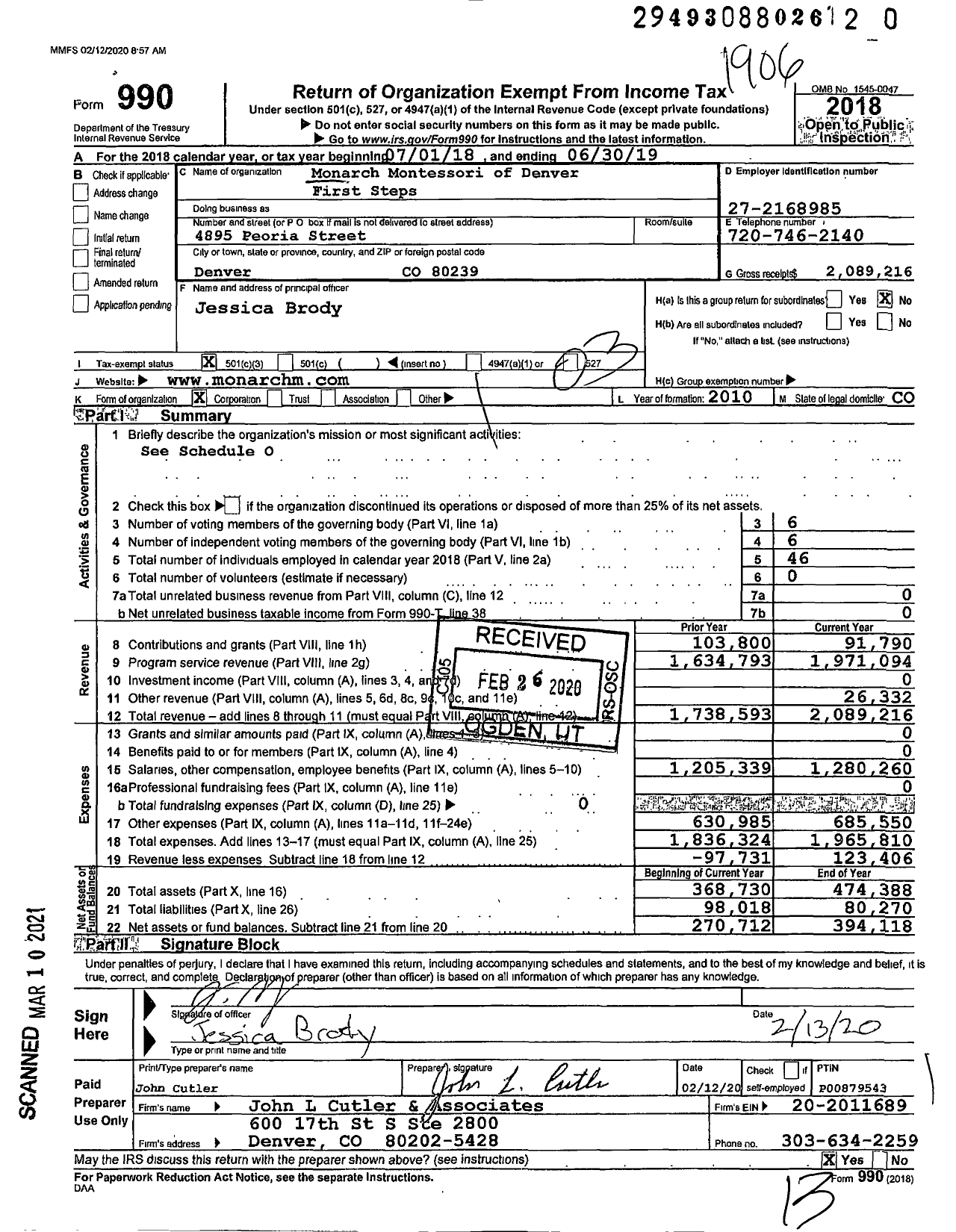 Image of first page of 2018 Form 990 for Monarch Montessori of Denver First Steps