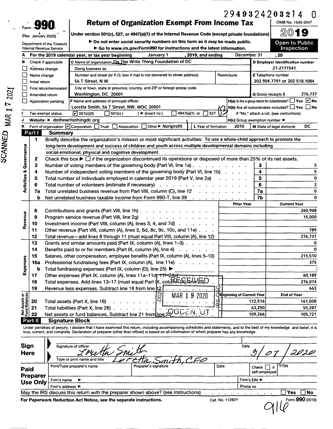 Image of first page of 2019 Form 990 for Do the Write Thing Foundation of DC