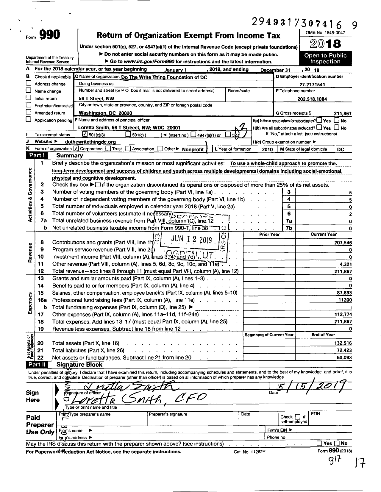 Image of first page of 2018 Form 990 for Do the Write Thing Foundation of DC