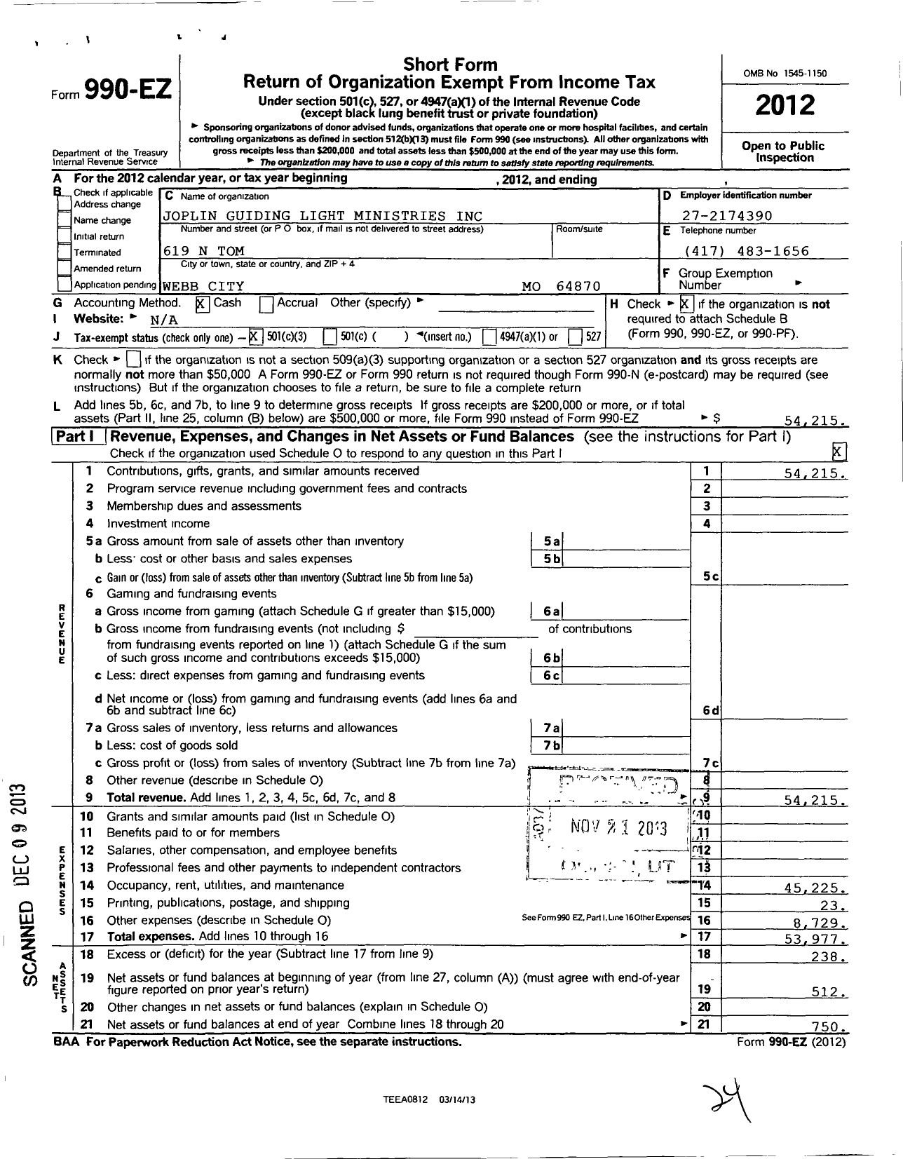 Image of first page of 2012 Form 990EZ for Joplin Guidling Light Ministries