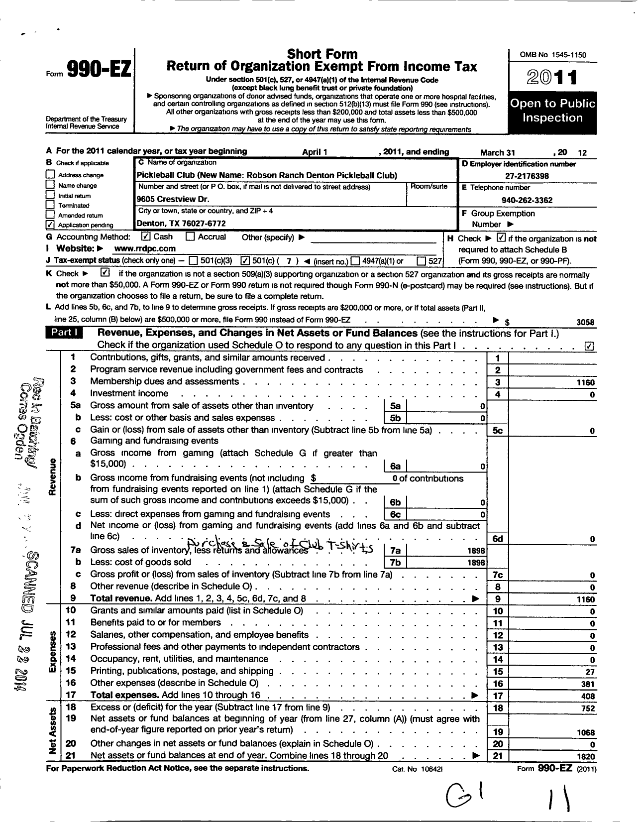 Image of first page of 2011 Form 990EO for Robson Ranch Denton Pickleball Club