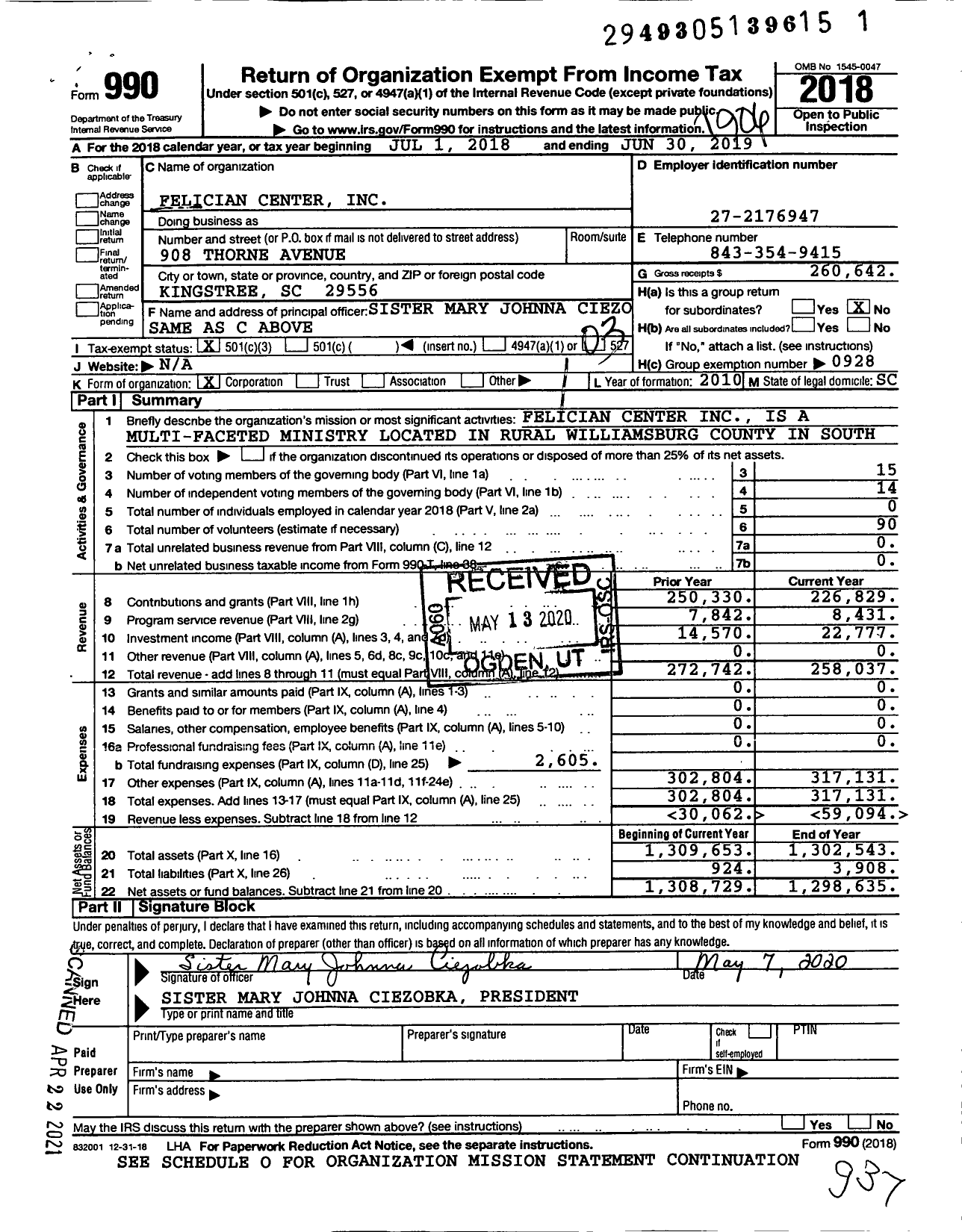 Image of first page of 2018 Form 990 for Felician Center