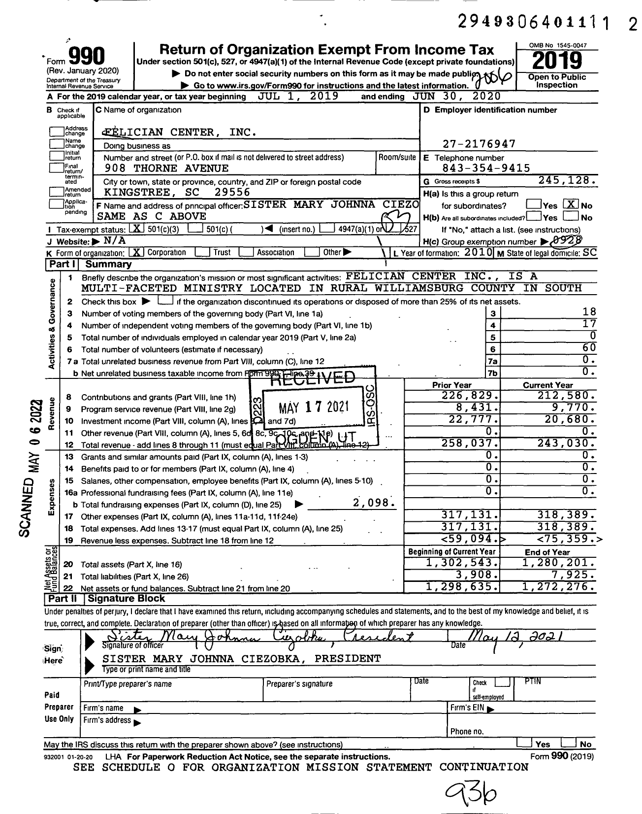 Image of first page of 2019 Form 990 for Felician Center