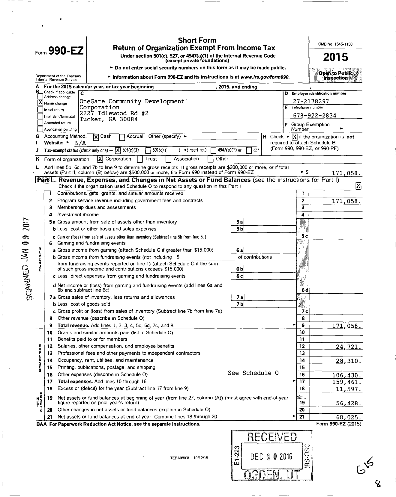 Image of first page of 2015 Form 990EZ for Onegate Community Development