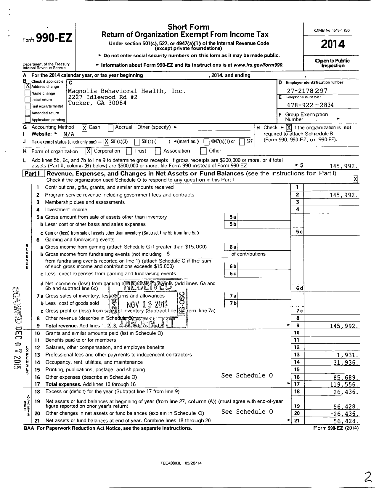 Image of first page of 2014 Form 990EZ for Onegate Community Development