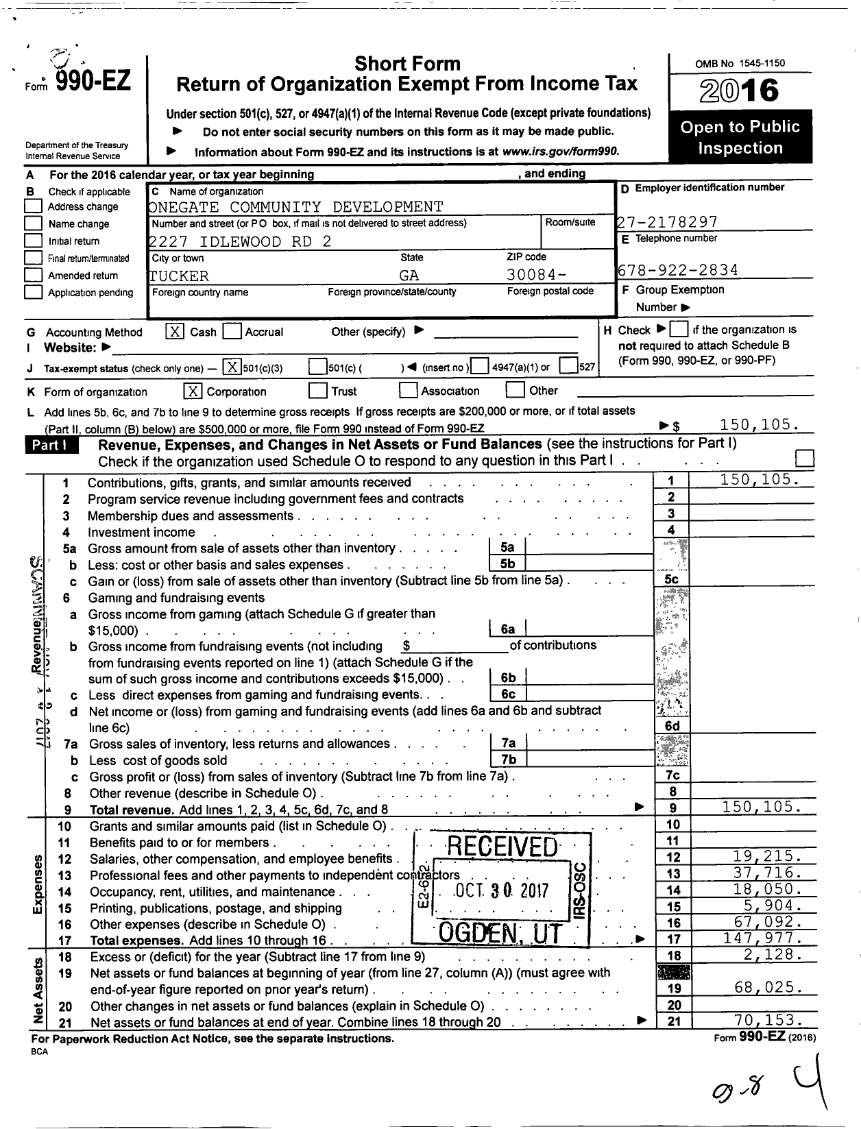 Image of first page of 2016 Form 990EZ for Onegate Community Development