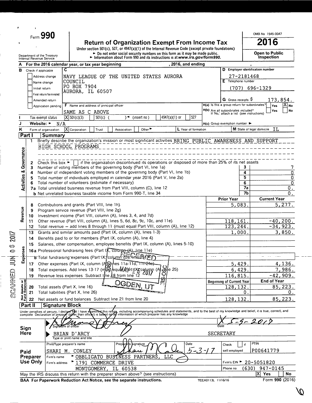 Image of first page of 2016 Form 990 for Navy League of the United States Aurora Council