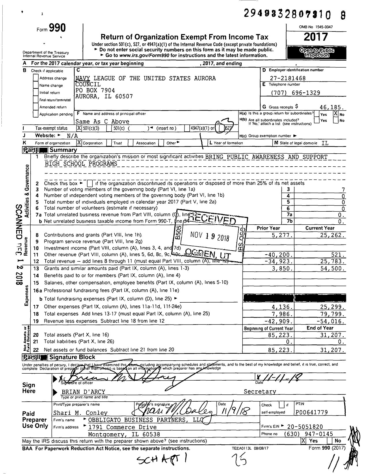 Image of first page of 2017 Form 990 for Navy League of the United States Aurora Council