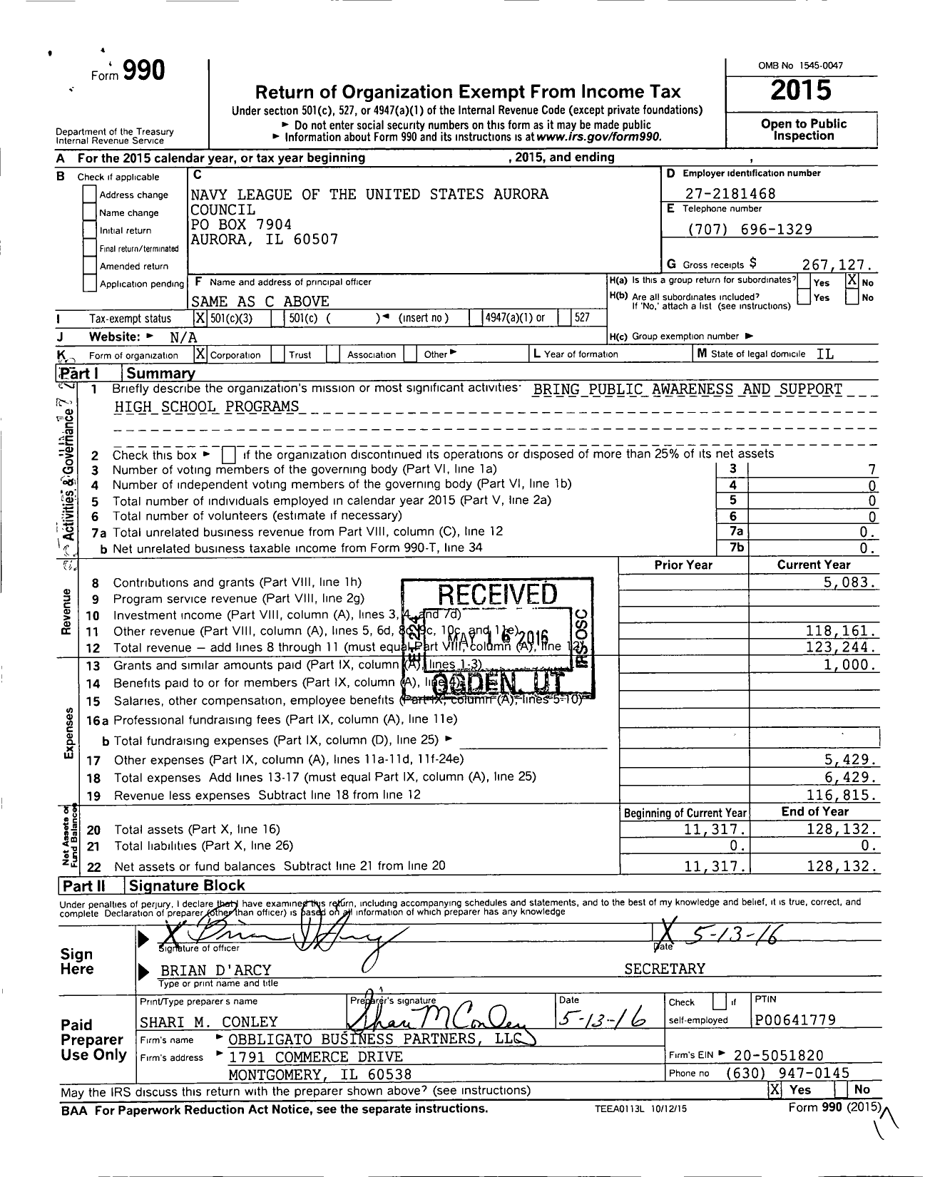 Image of first page of 2015 Form 990 for Navy League of the United States Aurora Council