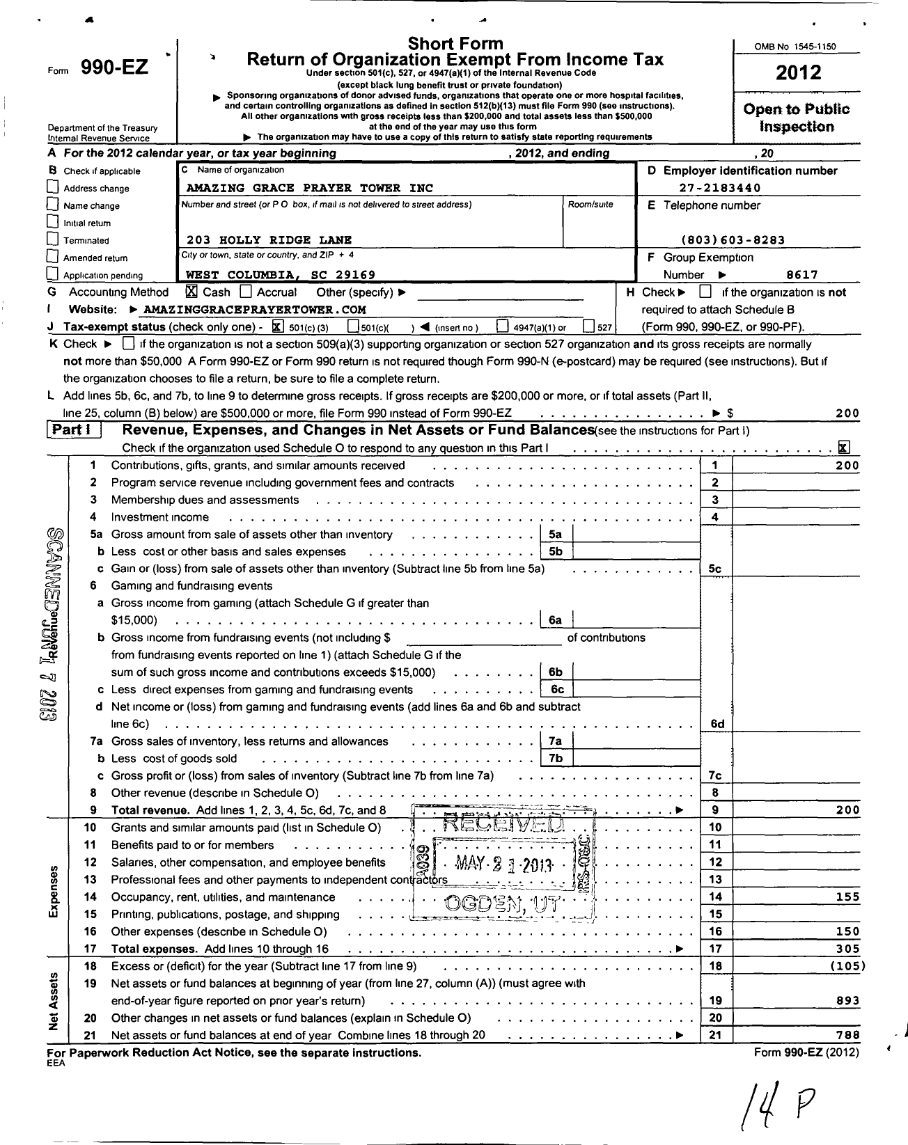 Image of first page of 2012 Form 990EZ for Amazing Grace Prayer Tower