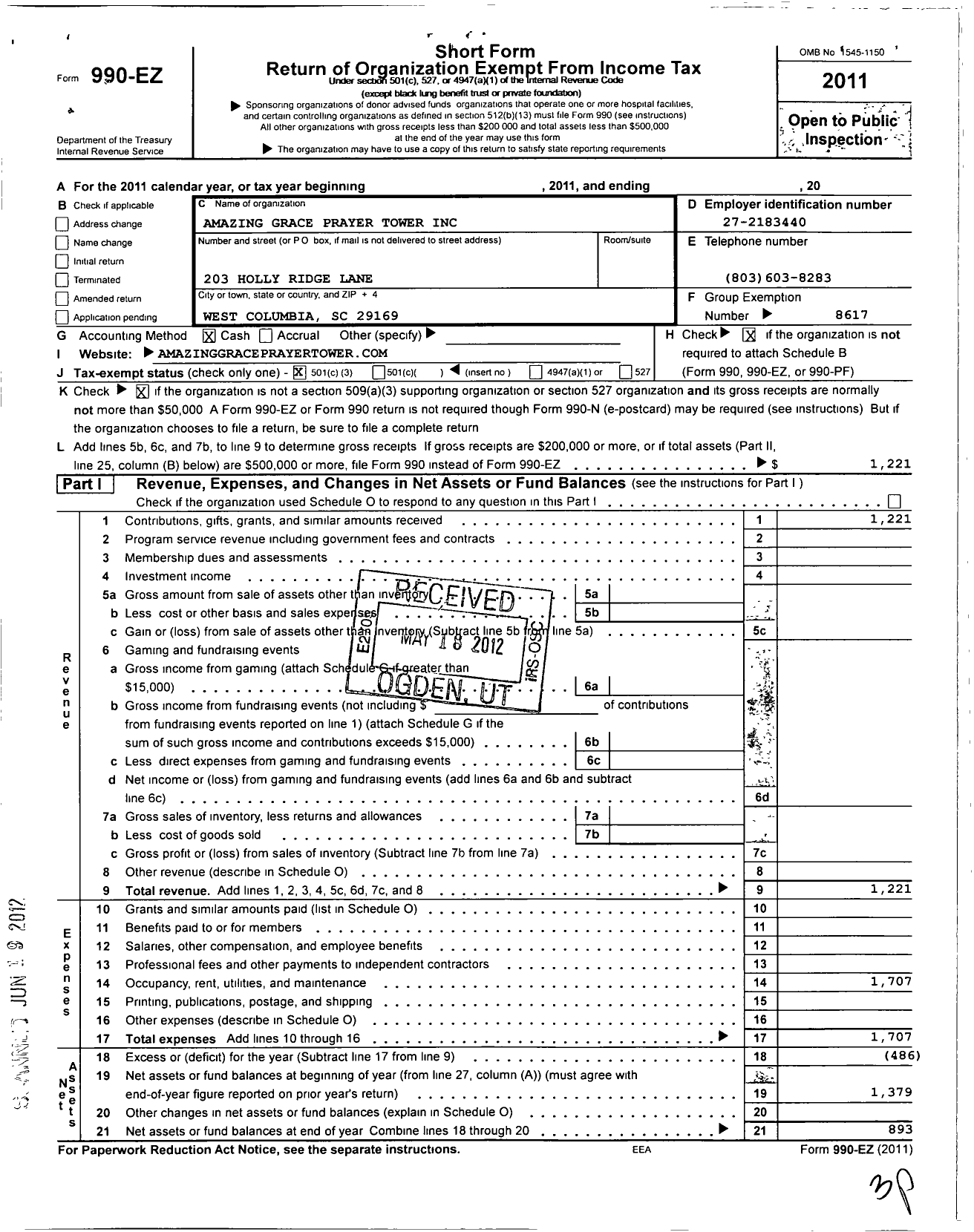 Image of first page of 2011 Form 990EZ for Amazing Grace Prayer Tower