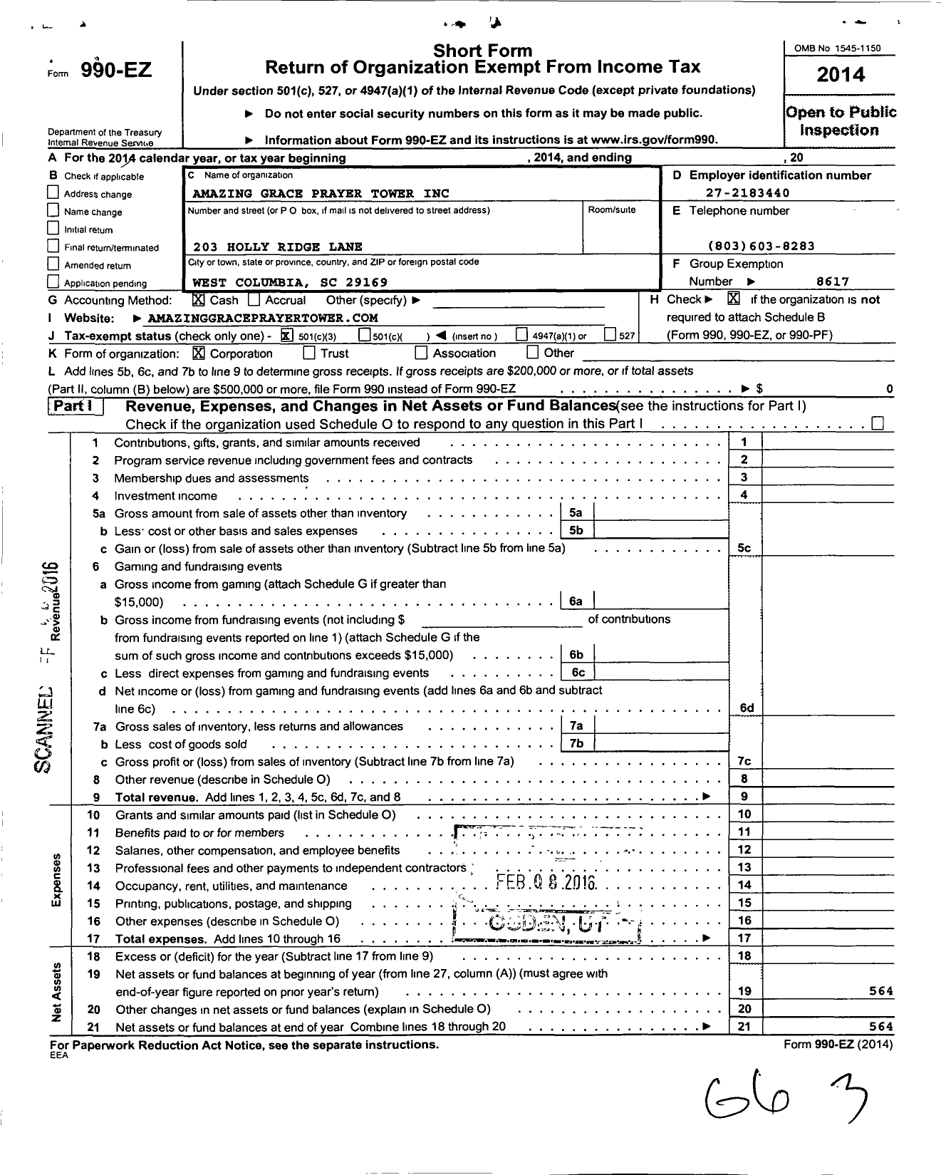 Image of first page of 2014 Form 990EZ for Amazing Grace Prayer Tower