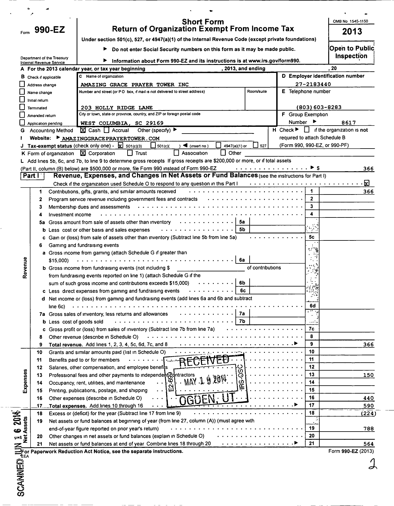 Image of first page of 2013 Form 990EZ for Amazing Grace Prayer Tower