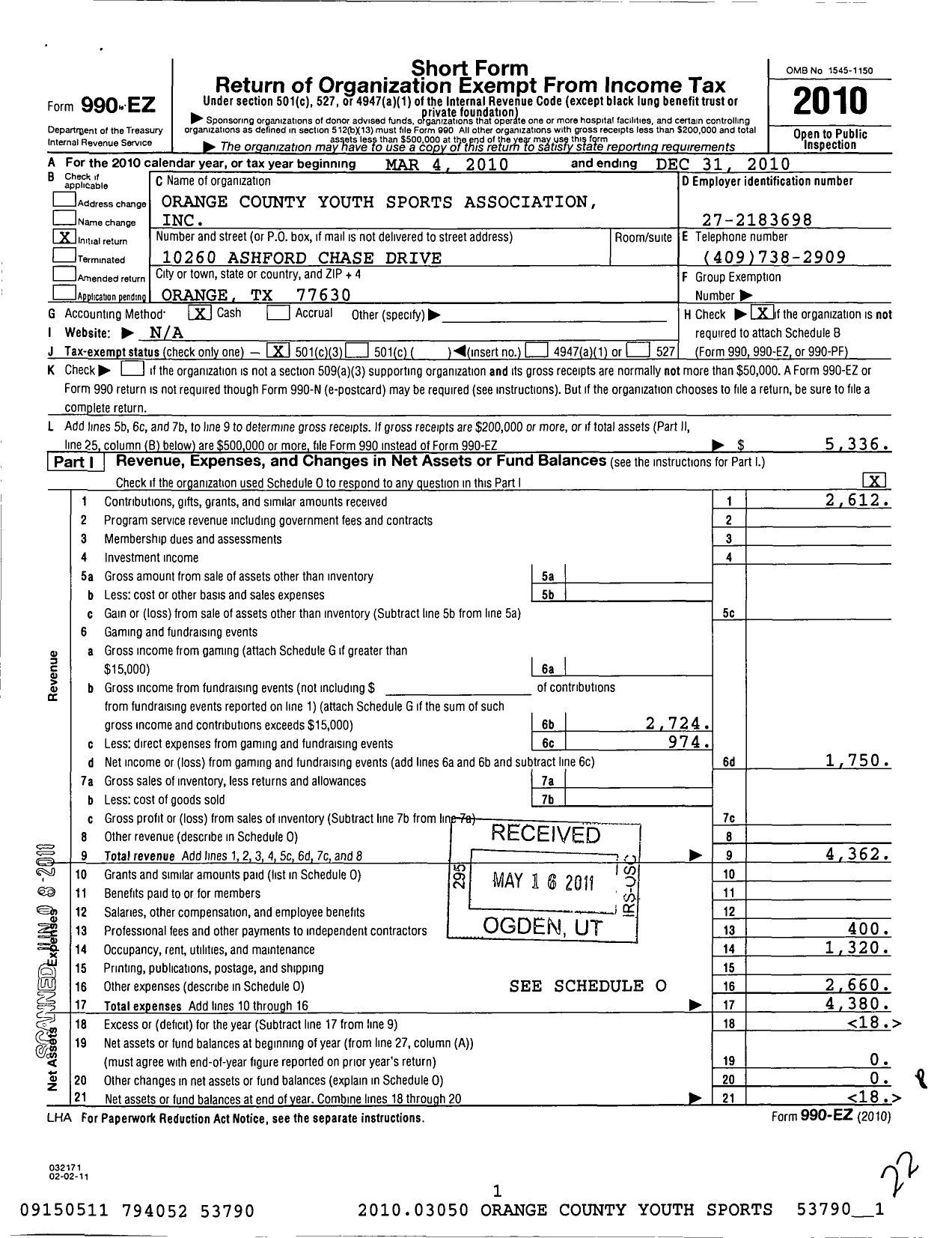 Image of first page of 2010 Form 990EZ for Orange County Youth Sports Association