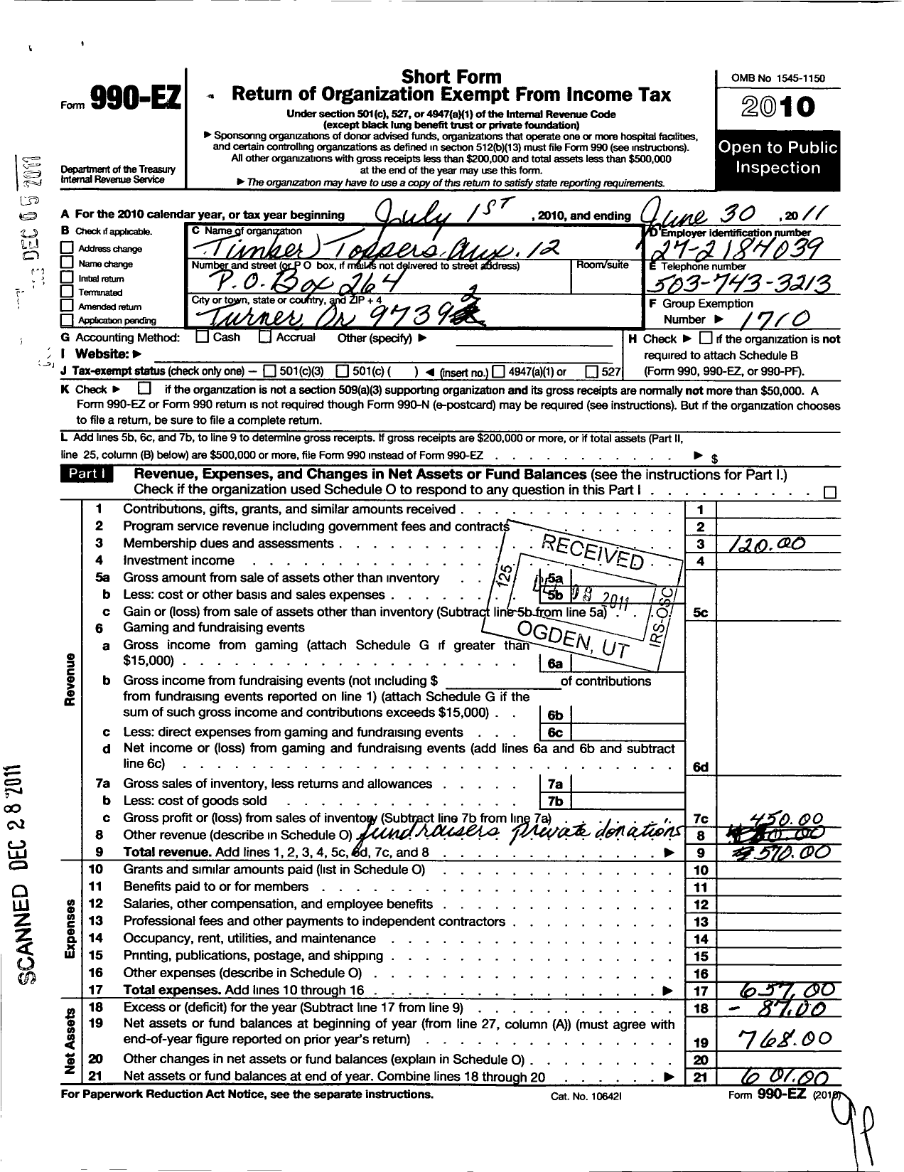 Image of first page of 2010 Form 990EO for Military Order of the Cootie of the United States - 12 Timber Toppers Auxiliary