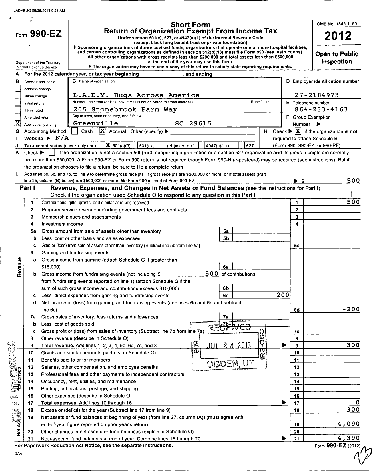 Image of first page of 2012 Form 990EZ for Lady Bugs Across America