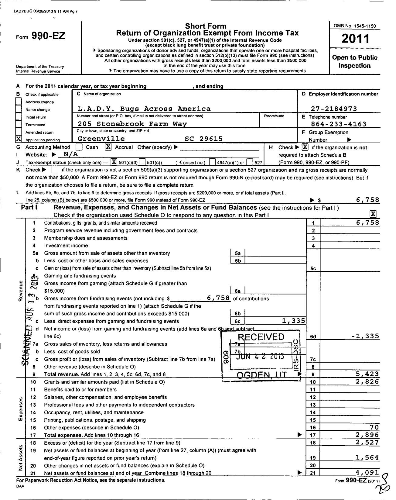 Image of first page of 2011 Form 990EZ for Lady Bugs Across America