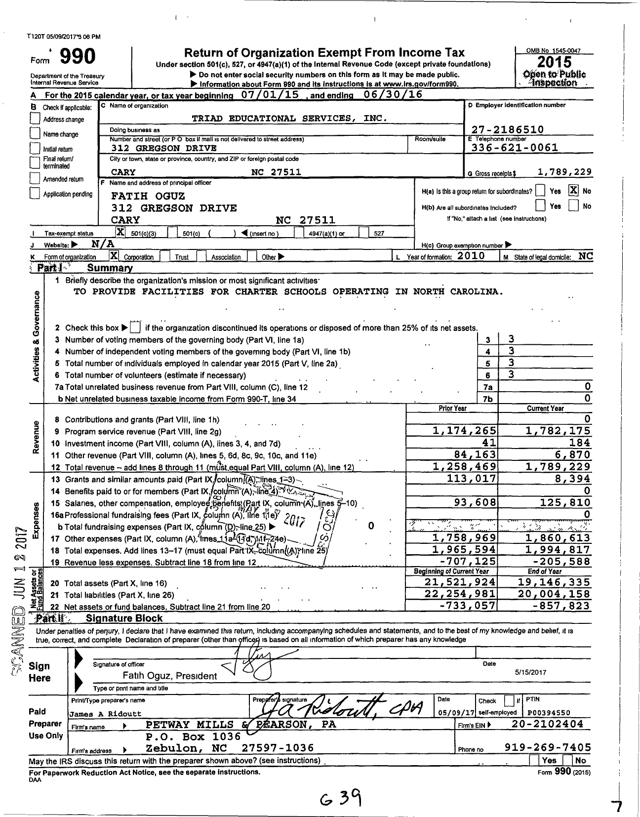Image of first page of 2015 Form 990 for Triad Educational Services