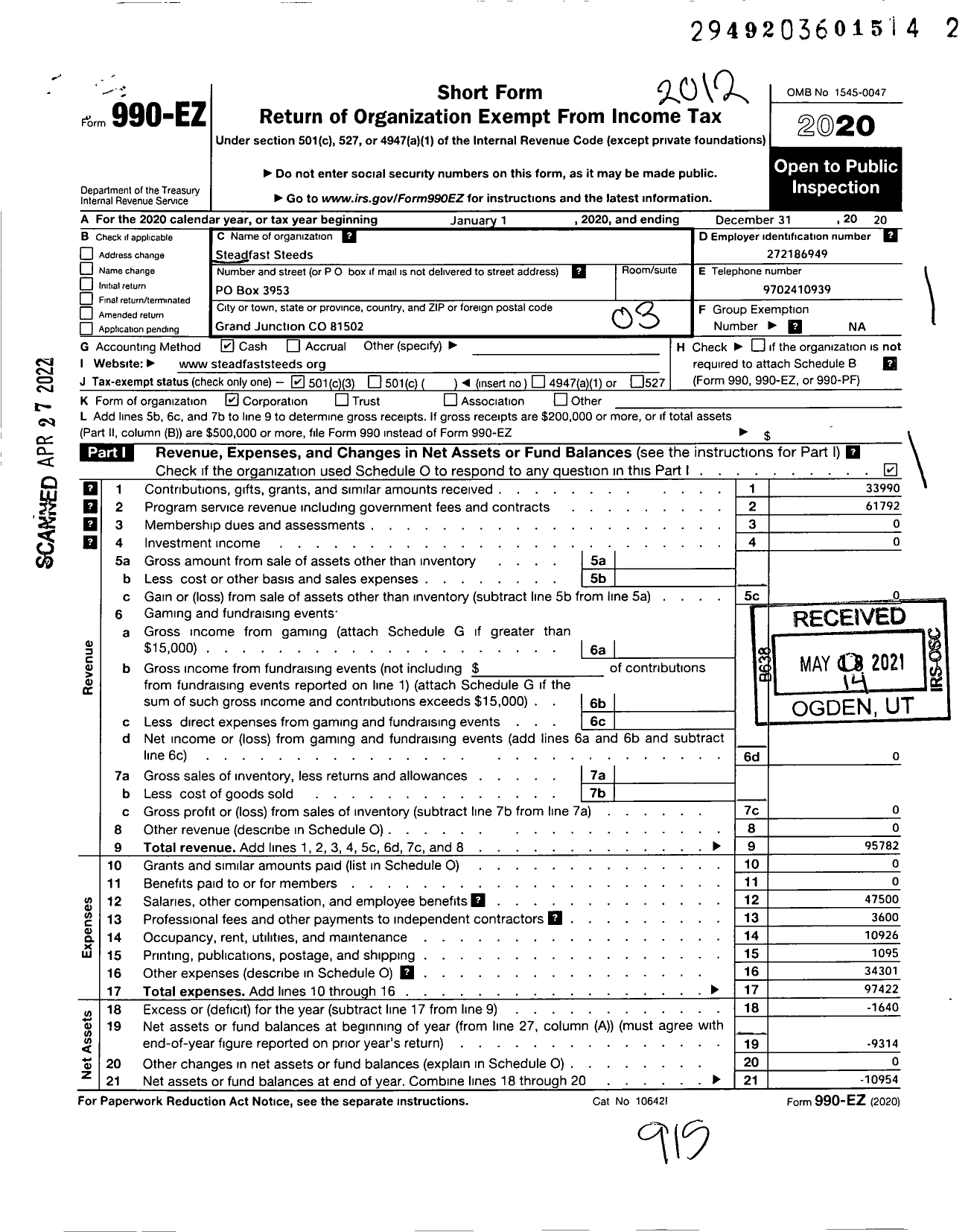 Image of first page of 2020 Form 990EZ for Steadfast Steeds