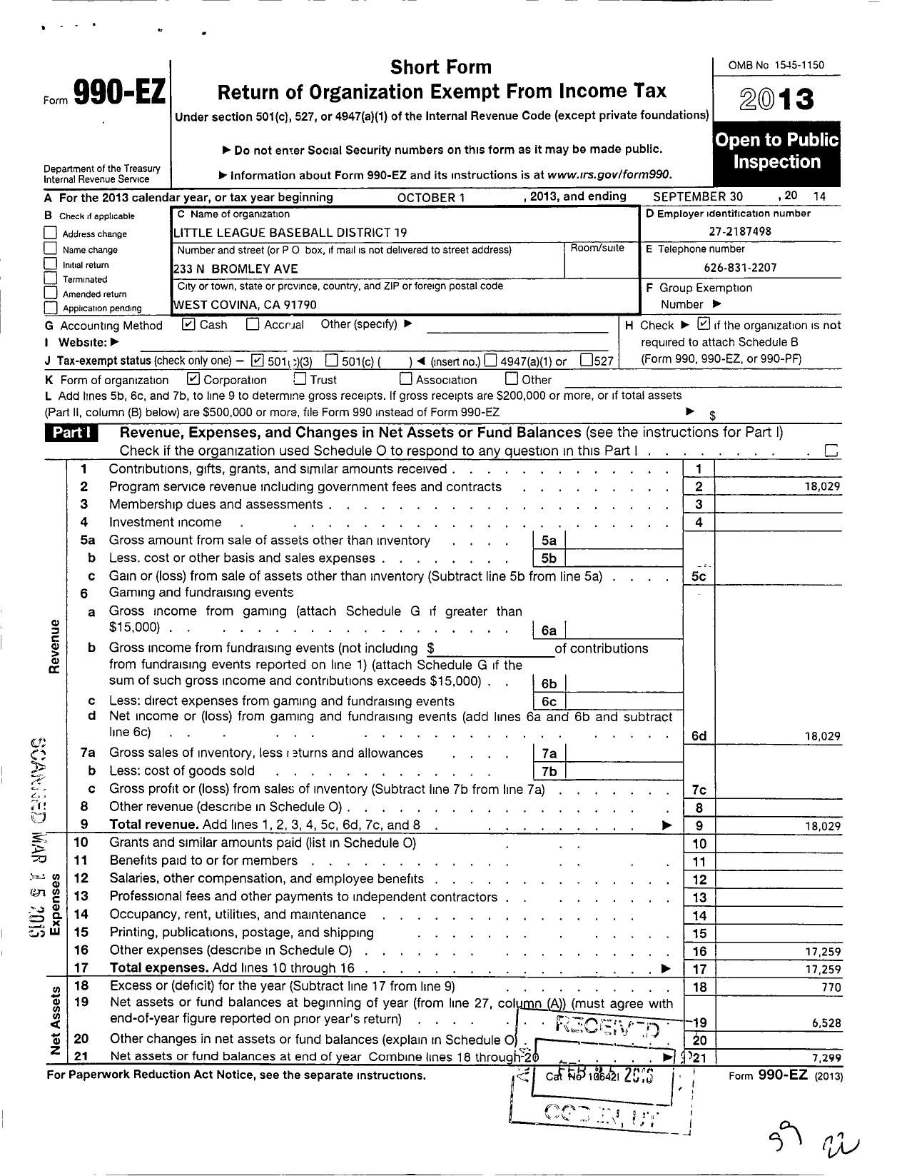 Image of first page of 2013 Form 990EZ for Little League Baseball - 4051900 Jerry Curcio