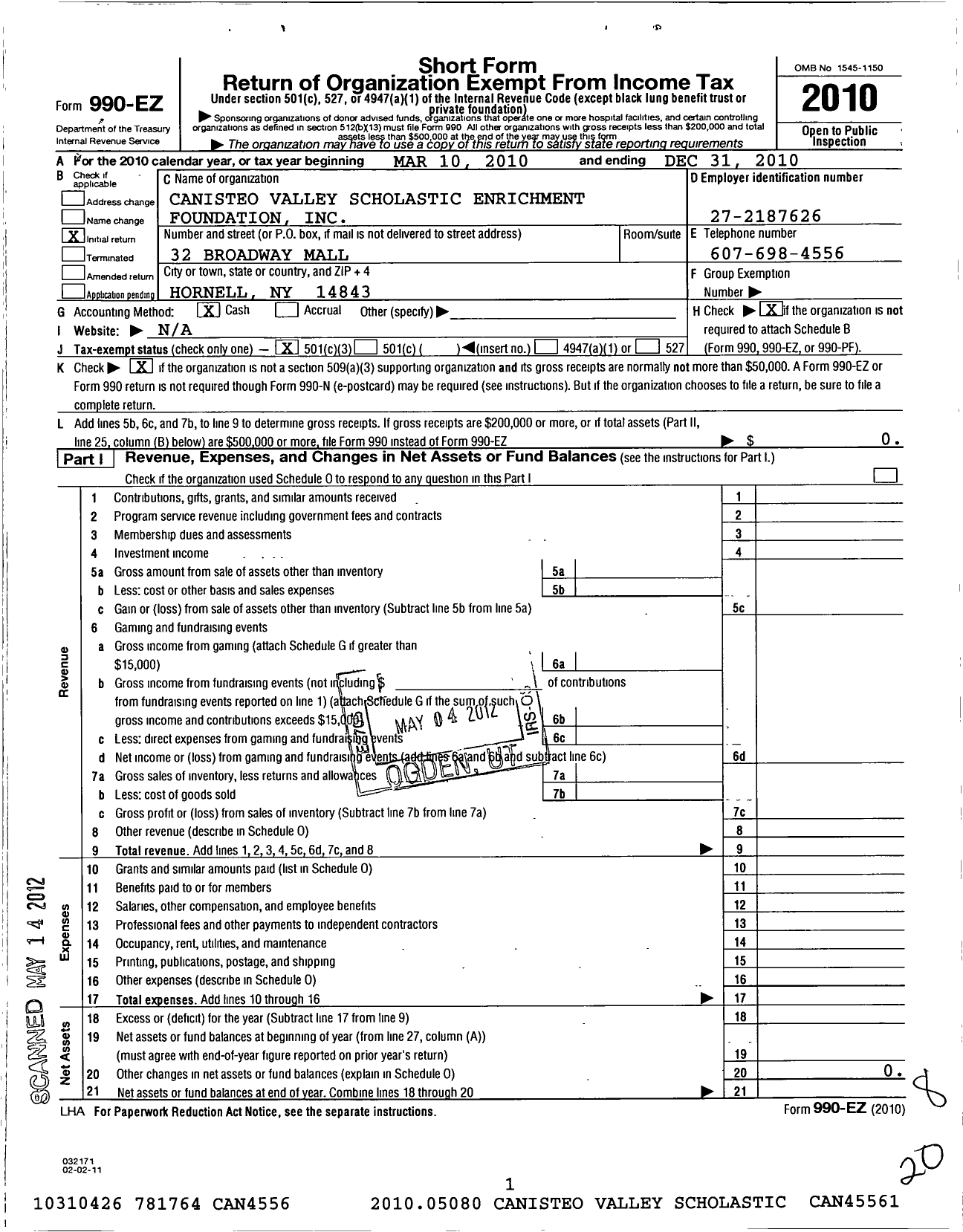 Image of first page of 2010 Form 990EZ for Canisteo Valley Scholastic Enrichment Foundation