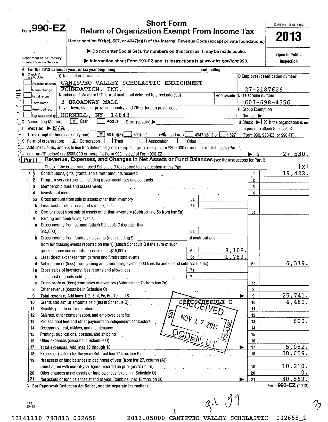 Image of first page of 2013 Form 990EZ for Canisteo Valley Scholastic Enrichment Foundation