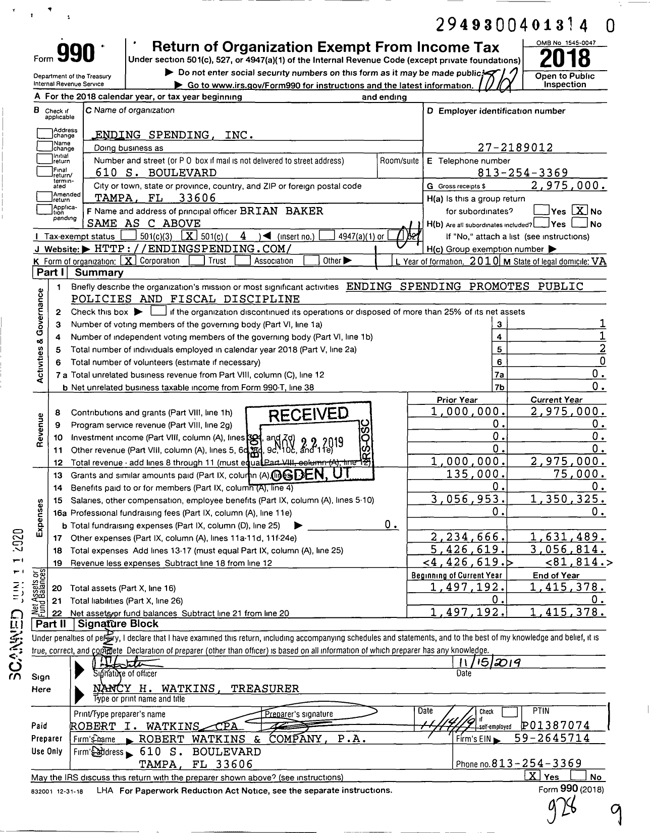 Image of first page of 2018 Form 990O for Ending Spending