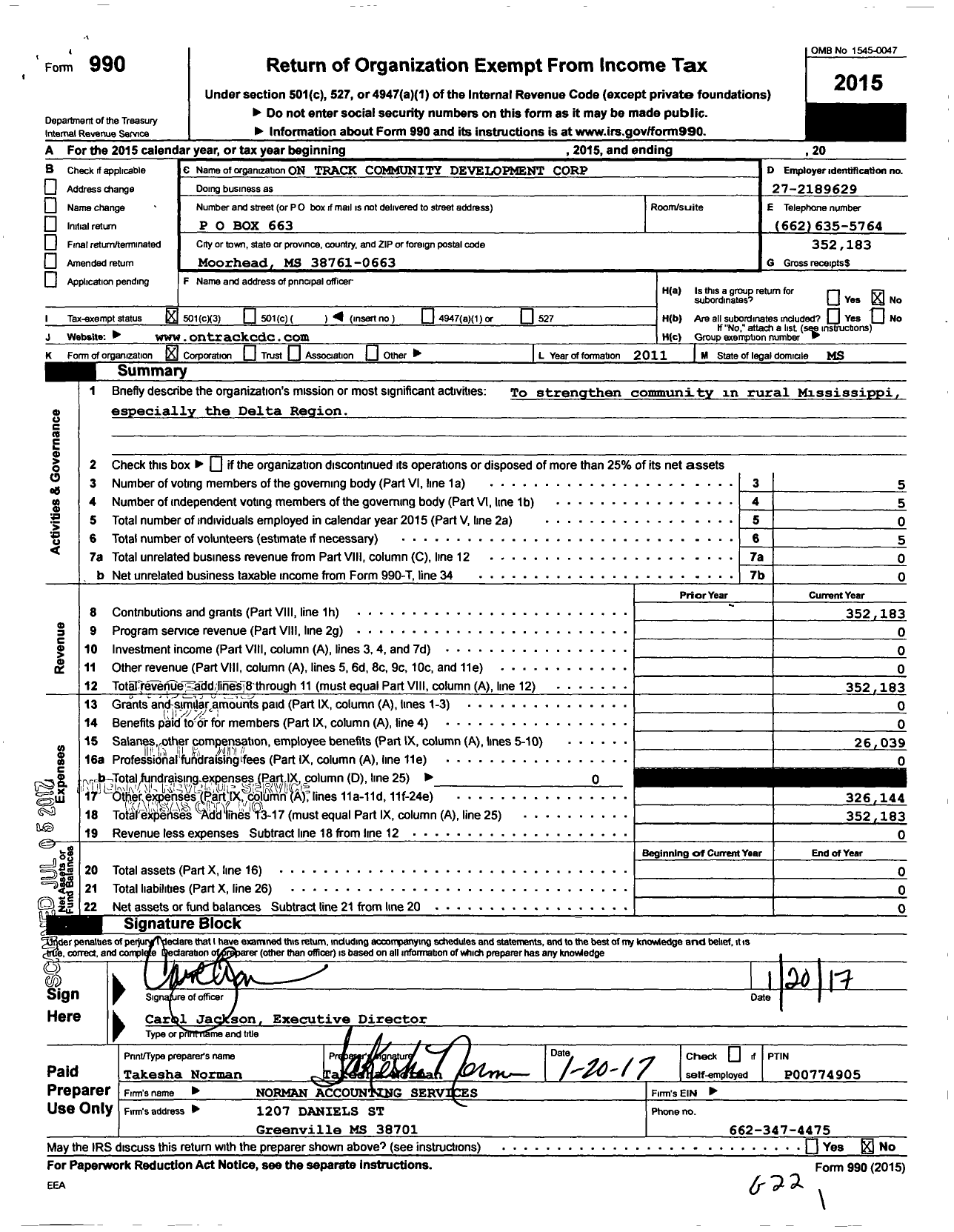 Image of first page of 2015 Form 990 for On Track Community Development Corporation