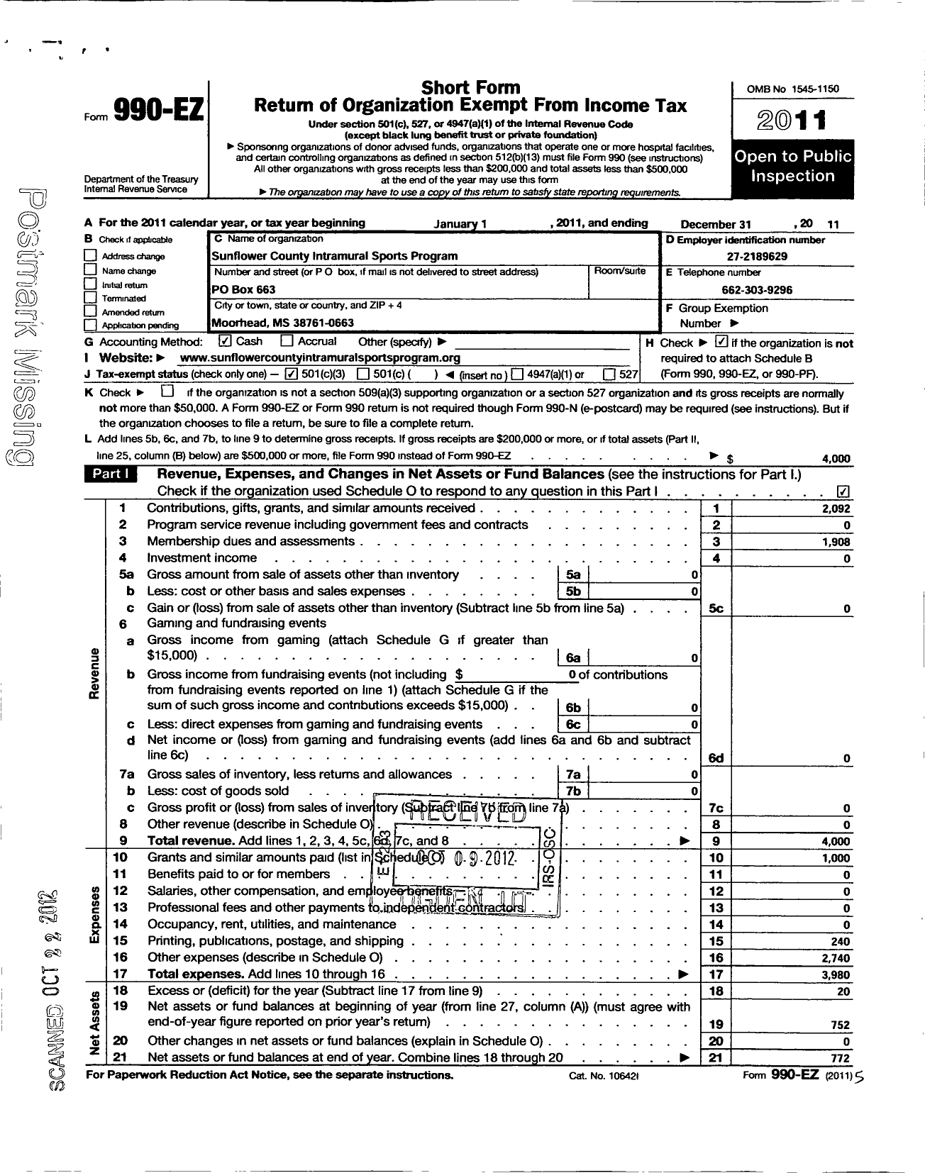 Image of first page of 2011 Form 990EZ for On Track Community Development Corporation