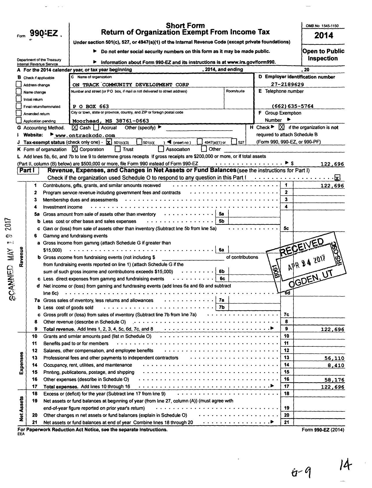 Image of first page of 2014 Form 990EZ for On Track Community Development Corporation