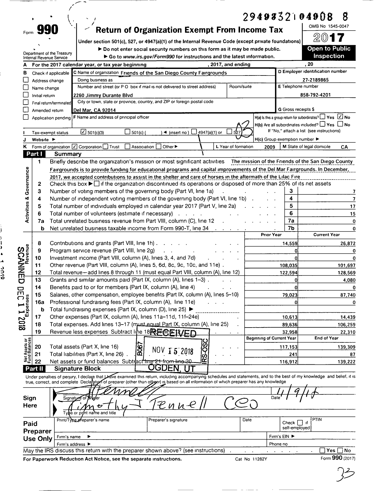 Image of first page of 2017 Form 990 for Friends of San Diego County FG